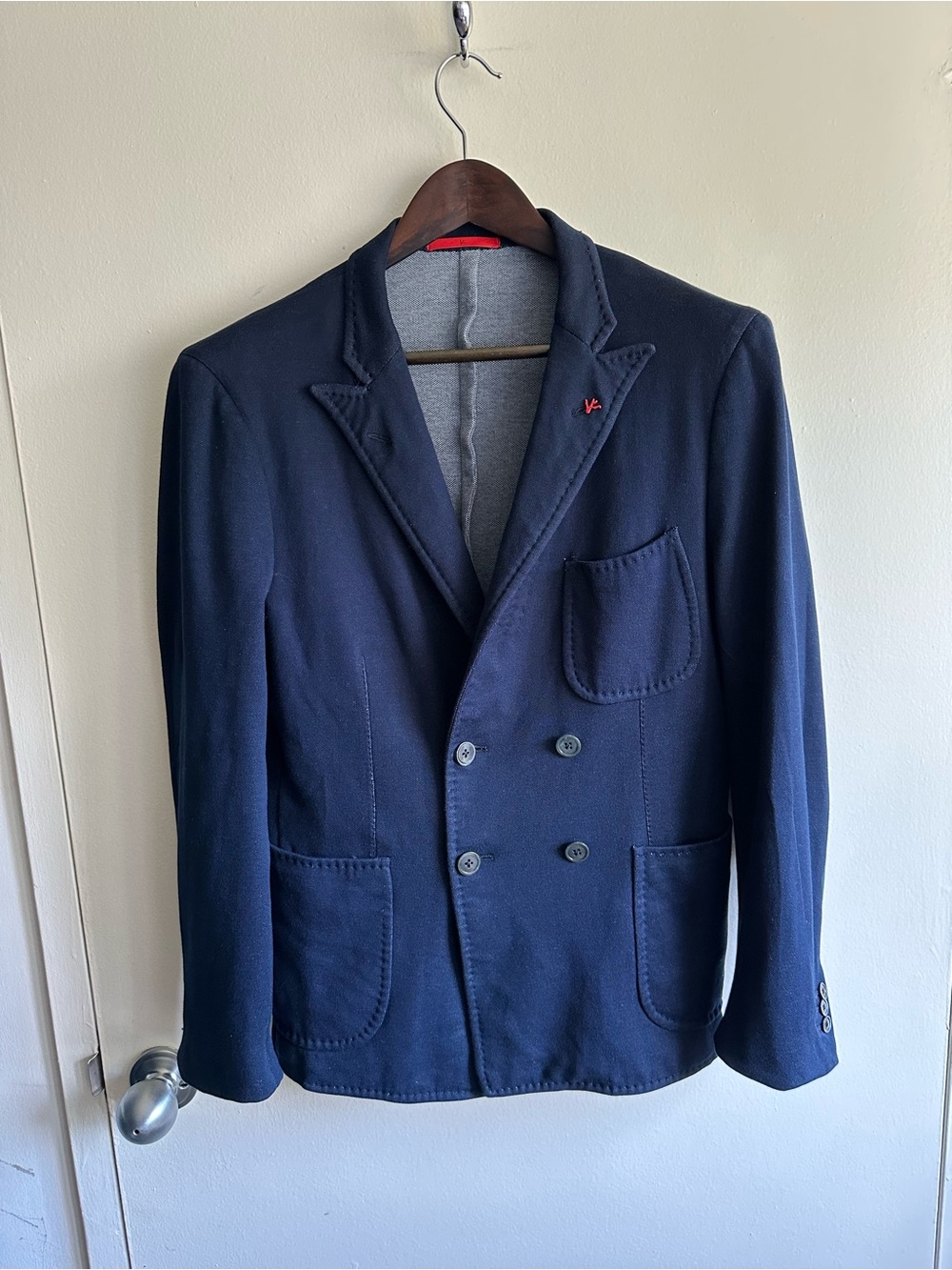 Isaia Navy Blue Double-Breasted Cotton Stretch Cardigan Blazer EU46